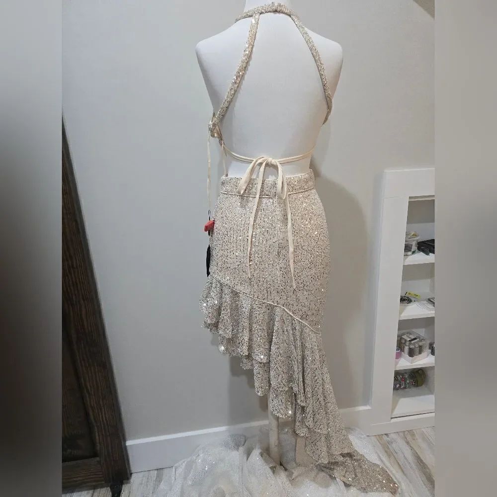Mac Duggal 11274 Sequined Halter Cut Out Ruffle Asymmetrical Dress NWT sz 6 Nude - Picture 5 of 6